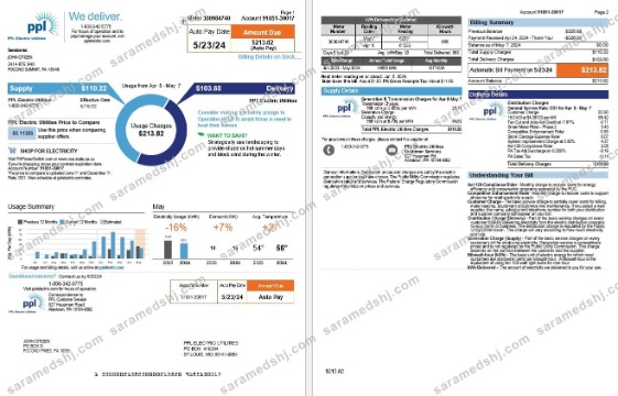 USA Pennsylvania PPL electric utility bill, 3 pages